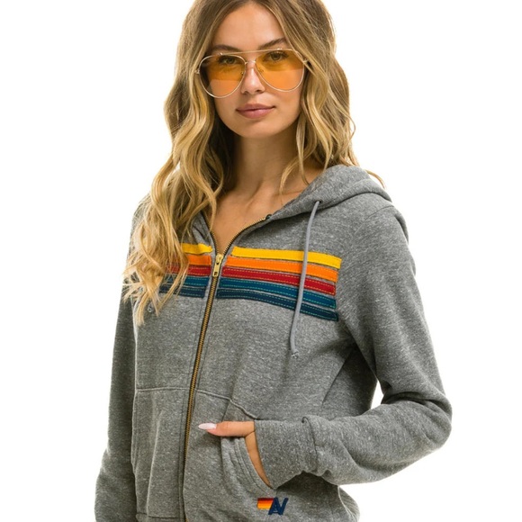 AVIATOR NATION 5 Stripe Grey Zip Up Hoodie Sweatshirt Unisex Medium - Picture 7 of 10